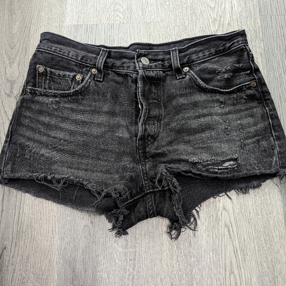 Levi's 501 Black Distressed Cutoff Shorts 27 High Rise Denim Festival Grunge